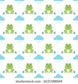 Adorable seamless pattern with cute green frogs and blue rain clouds. Perfect for children's designs, textiles, and baby items.