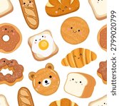 Adorable seamless pattern with cute kawaii bakery characters featuring smiling faces. Hand-drawn vector illustration of various breads, croissants, donuts, toast with fried egg, and a bear-shaped pastry on a clean white background. Perfect for children