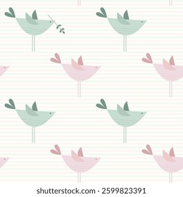 Adorable Seamless Pattern with Cute Pastel-Colored Birds Vector