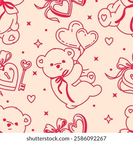 Adorable seamless pattern with cute teddy bears, heart shaped lockets, and romantic elements. A sweet and playful design perfect for heartwarming fabric, textiles, wrapping paper, or love themed decor