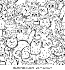 Adorable seamless pattern with different cats breed - maine coon, scottish fold, sphinx, bengal cat and others. Funny feline characters for coloring book. Outline background. Vector illustration