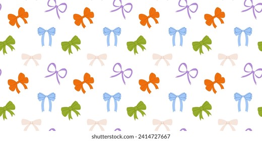 Adorable Seamless Pattern with Different White, Blue and Green Flat Bows and Ribbons. A Fun and Simple Vector Perfect for Fabric, Wrapping Paper.