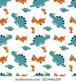 Adorable seamless pattern of dinosaurs in hats. Great for baby products, party designs, fabrics, and festive decorations