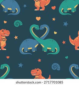 Bezauberndes, nahtloses Muster aus Dinosauriern und Herzen. Vektor-Flachbild-Design Junge-freundlichen Valentinstag Hintergrund mit T-Rex und Sauropod für Kindermode, Schulbedarf, und jurassischen Themen.