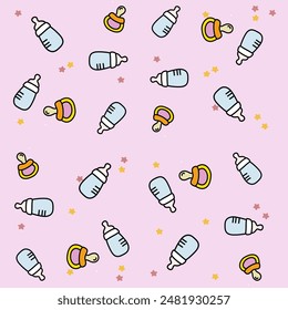 Adorable seamless pattern featuring baby bottles, pacifiers, and stars on a light pink background. Perfect for baby products, nursery decor, and children’s textiles. High-resolution EPS vector format.