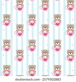 Adorable seamless pattern featuring cartoon bears sitting inside pink heart-decorated teacups on a pastel blue striped background