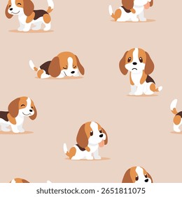 Adorable seamless pattern featuring cartoon Beagle puppies in various poses on soft beige background. Perfect for kids products pet themes fabric and wrapping design.
