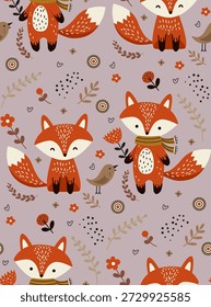 Adorable patrón transparente con zorros de dibujos animados, flores estilizadas, hojas y círculos geométricos como fondo abstracto. Ideal para diseños de productos de tela, Fondo de pantalla o niños.