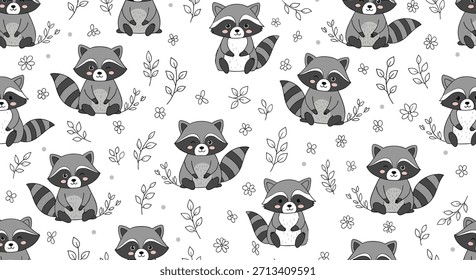 Bezauberndes nahtloses Muster mit charmanten Cartoon-Waschbären inmitten zarter Blätter und winziger Blumen, ideal für Kinderdesigns und Textilien.
