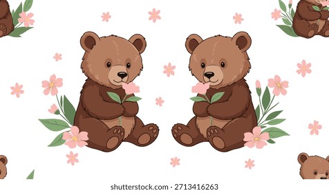 Adorable patrón sin fisuras con encantadores osos de dibujos animados sosteniendo suavemente flores rosadas, rodeado de flores dispersas y hojas verdes sobre un fondo blanco prístino.