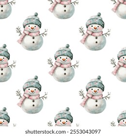 Adorable seamless pattern featuring cheerful snowmen wearing cozy hats and scarves, perfect for festive holiday designs, winter-themed projects, and seasonal decorations.