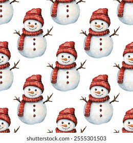 Adorable seamless pattern featuring cheerful snowmen wearing cozy hats and scarves, perfect for festive holiday designs, winter-themed projects, and seasonal decorations.