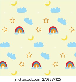 Adorable seamless pattern featuring colorful rainbows, soft blue clouds, yellow moons, and hand-drawn stars on a light pastel background. Perfect for kids’ products, baby fabrics, nursery wallpapers,