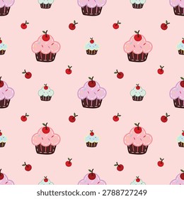 Adorable seamless pattern featuring colorful cupcakes topped with cherries and sweet pastel frosting on a soft pink background. Perfect for bakery branding, wrapping paper, fabric prints, wallpapers, stationery, party decorations, children's products, and digital designs. Charming dessert-themed repeating pattern with a cute and playful style.