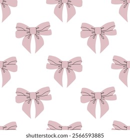 Adorable seamless pattern featuring cute pink ribbon bows on a white background. Ideal for coquette-themed designs.