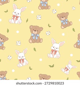 Adorable patrón sin fisuras con lindos osos de peluche y pequeños conejos con arcos, decorado con flores y hojas sobre un fondo amarillo suave. Perfecto para la tela de los niños, decoración de la guardería, papel de regalo, Fondo de pantalla y productos para bebés.