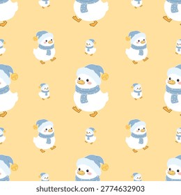 Adorable seamless pattern featuring cute cartoon ducks wearing winter hats and scarves on a soft pastel background. This playful and charming design is perfect for kids products, baby textiles, nursery decor, wrapping paper, and seasonal winter themes. High-quality repeating pattern ideal for print and digital use with a friendly, cozy, and cheerful style.