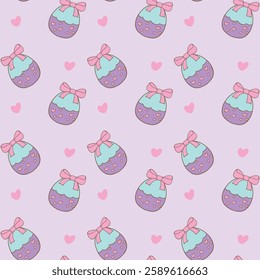 Adorable seamless pattern featuring decorated Easter eggs with bows and heart details on a pastel purple background. Perfect for festive designs-Vector illustration