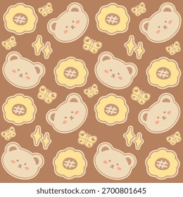 Adorable seamless pattern featuring hand-drawn bear faces, butterflies, and flowers in warm beige and brown tones. Perfect for fabric, stationery, packaging, and digital backgrounds.