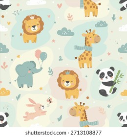 Adorable seamless pattern featuring hand-drawn illustrations of cute cartoon animals. Perfect for packaging, fabric prints, gift wrapping, baby invitations, scrapbooking, or digital backgrounds.