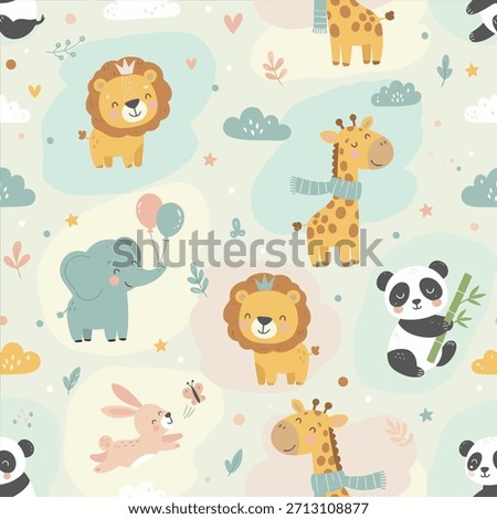 Adorable seamless pattern featuring hand-drawn illustrations of cute cartoon animals. Perfect for packaging, fabric prints, gift wrapping, baby invitations, scrapbooking, or digital backgrounds.
