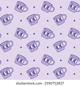 Adorable seamless pattern featuring kawaii-style coffee mugs with happy faces on a pastel purple background, perfect for playful designs, Vector Illustration