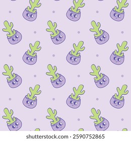 Adorable seamless pattern featuring kawaii-style plant pots with happy faces and green succulents on a pastel purple background. Vector Illustration