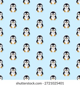Bezauberndes nahtloses Muster mit kleinen schwarz-weißen Cartoon-Pinguinen im Kawaii-Sticker-Stil auf blauem Hintergrund. Perfekt für Kindergewebe, Tapeten und Winter-Motiv-Prints.
