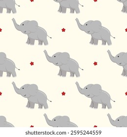 Adorable seamless pattern featuring playful baby elephants and red stars on a light background. Perfect for children's textiles, wallpapers, and gift wrapping, adding a whimsical touch to any project.