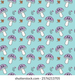 Adorable seamless pattern featuring purple mushrooms with smiling faces, butterflies, hearts, and leaves on a turquoise background