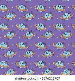 Adorable seamless pattern featuring smiling blue planets with colorful rings, bows, and stars on a vibrant purple background