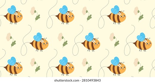 Adorable seamless pattern featuring smiling honey bees with blue wings and tiny flowers, flying among delicate blossoms.100% hand drawn vector file.