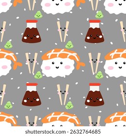 Adorable seamless pattern featuring sushi, fish, and maki rolls in pastel kawaii style. Great for wallpapers, textiles, and food-themed products