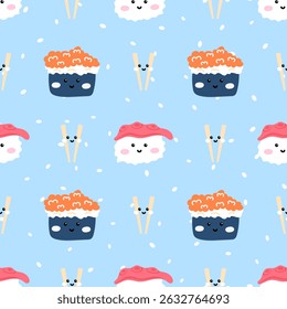 Adorable seamless pattern featuring sushi, fish, and maki rolls in pastel kawaii style. Great for wallpapers, textiles, and food-themed products