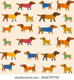 Adorável padrão sem costura com vários cães bonitos vestindo suéteres coloridos. Desenho desenhado à mão estilo desenho animado com dachshunds e outras raças pequenas em roupas de malha acolhedor. 