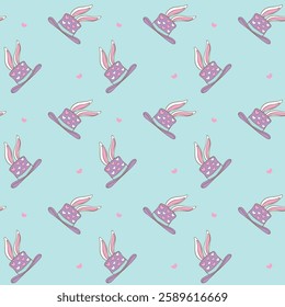 Adorable seamless pattern featuring whimsical purple top hats with bunny ears and heart details on a pastel blue background. Perfect for Easter designs-Vector illustration