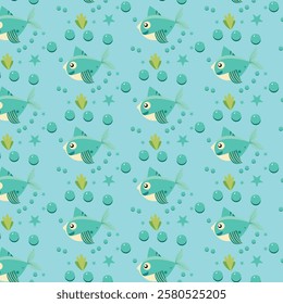 Adorable Seamless Pattern with Fish, Bubbles, and Seaweed on Aqua