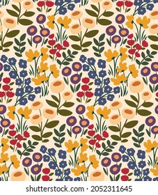 Adorable seamless pattern with floral meadow. Mix of various flowers and leaves on a white background. Vector illustration.