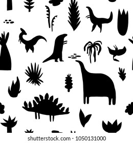 Adorable seamless pattern with funny dinosaurs in cartoon. Ideal for cards, invitations, party, banners, kindergarten, baby shower, preschool and children room decoration