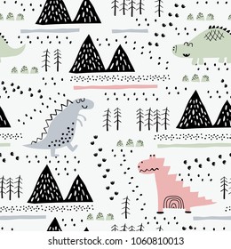 Adorable seamless pattern with funny dinosaurs in cartoon. Perfect for cards, invitations, party, banners, kindergarten, baby shower, preschool and children room decoration.