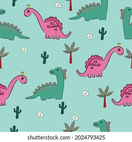 Patrón adorable sin fisuras con dinosaurios divertidos en dibujos animados. decoración de habitación preescolar y infantil, envoltura vectorial dibujada a mano.