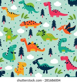 Adorable seamless pattern with funny dinosaurs in cartoon. Seamless pattern can be used for wallpapers, pattern fills, web page backgrounds,surface textures.