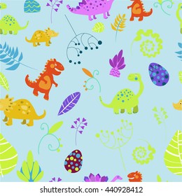 Adorable seamless pattern with funny dinosaurs in cartoon.