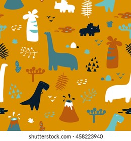 Adorable seamless pattern with funny dinosaurs in cartoon. Ideal for cards, invitations, party, banners, kindergarten, baby shower, preschool and children room decoration