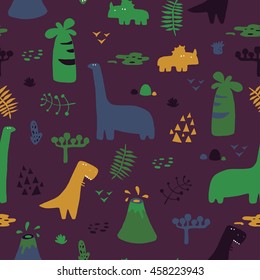 Adorable seamless pattern with funny dinosaurs in cartoon. Ideal for cards, invitations, party, banners, kindergarten, baby shower, preschool and children room decoration