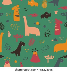 Adorable seamless pattern with funny dinosaurs in cartoon. Ideal for cards, invitations, party, banners, kindergarten, baby shower, preschool and children room decoration
