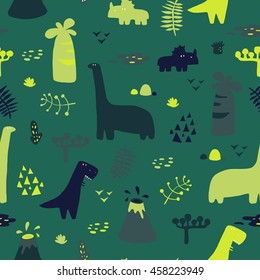 Adorable seamless pattern with funny dinosaurs in cartoon. Ideal for cards, invitations, party, banners, kindergarten, baby shower, preschool and children room decoration