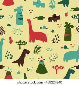 Adorable seamless pattern with funny dinosaurs in cartoon. Ideal for cards, invitations, party, banners, kindergarten, baby shower, preschool and children room decoration