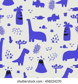 Adorable seamless pattern with funny dinosaurs in cartoon. Ideal for cards, invitations, party, banners, kindergarten, baby shower, preschool and children room decoration