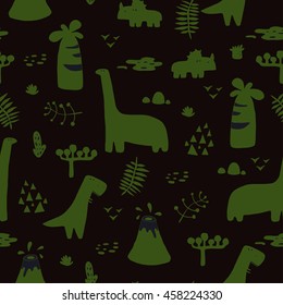 Adorable seamless pattern with funny dinosaurs in cartoon. Ideal for cards, invitations, party, banners, kindergarten, baby shower, preschool and children room decoration